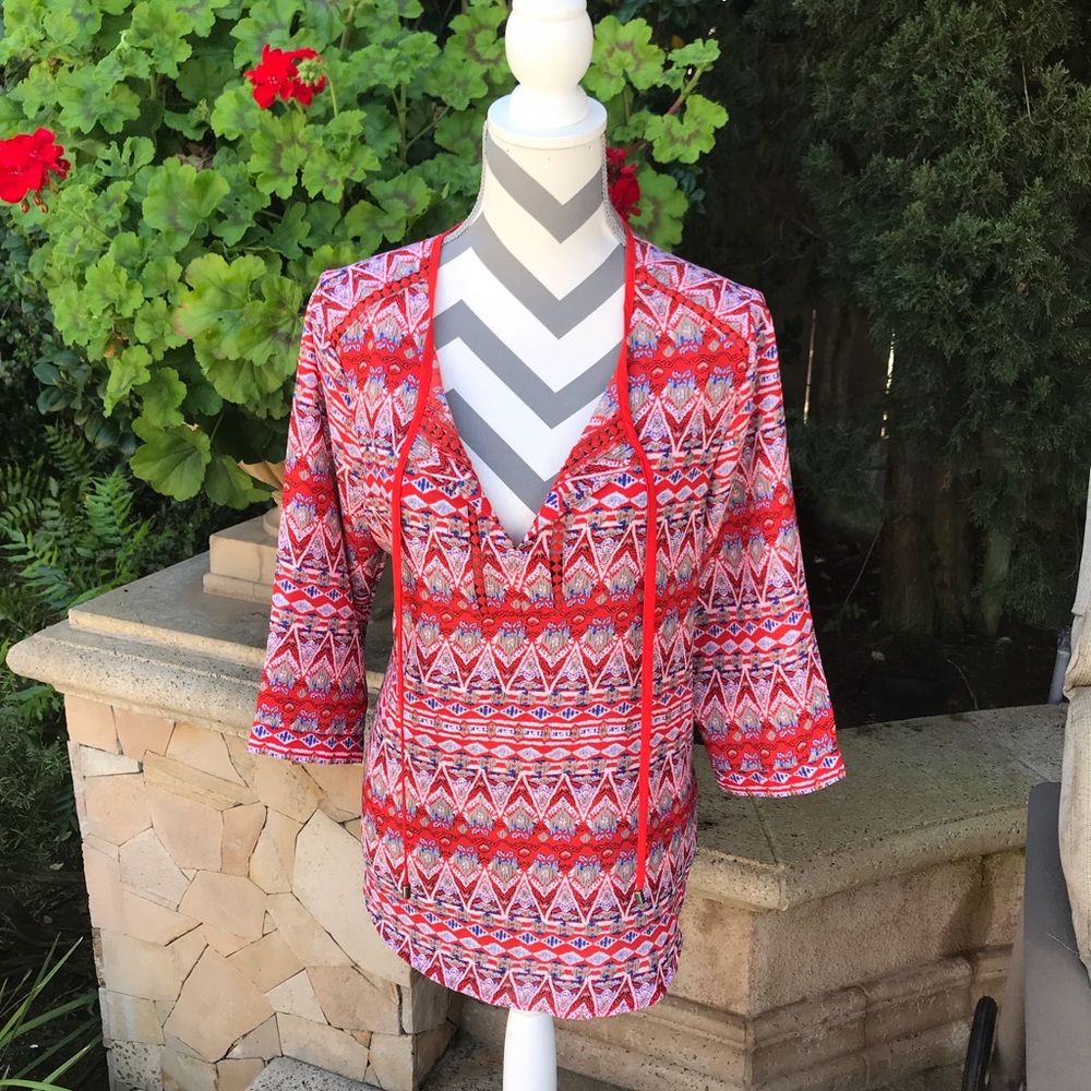 🌸cute red print flowing top